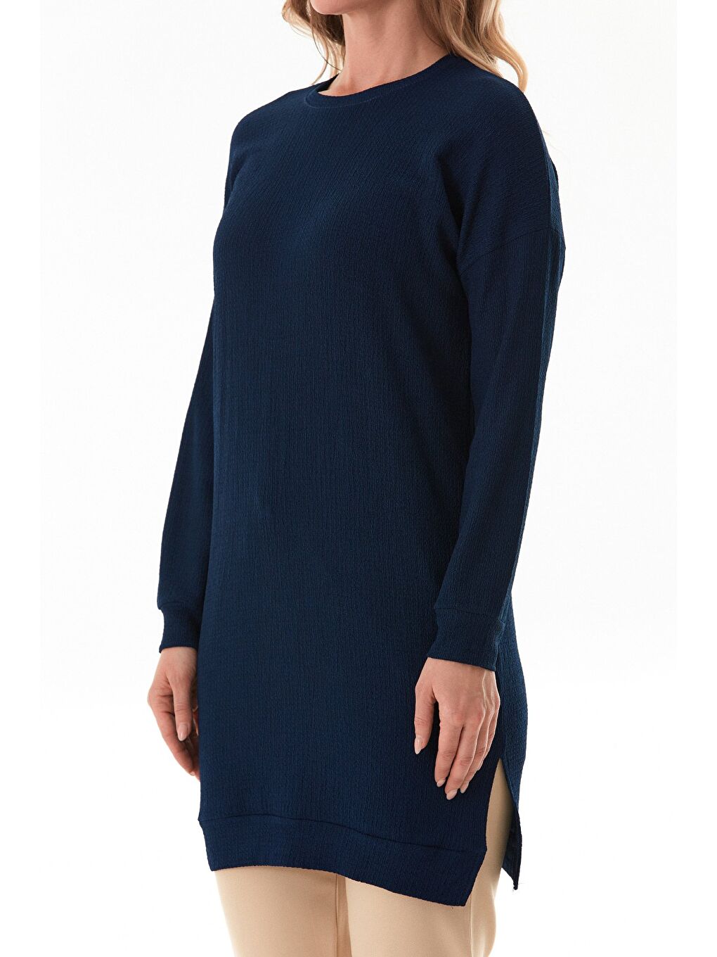 Lacivert Bürümcük Kumaş Yanları Yırtmaçlı Bisiklet Yaka Tunik-4