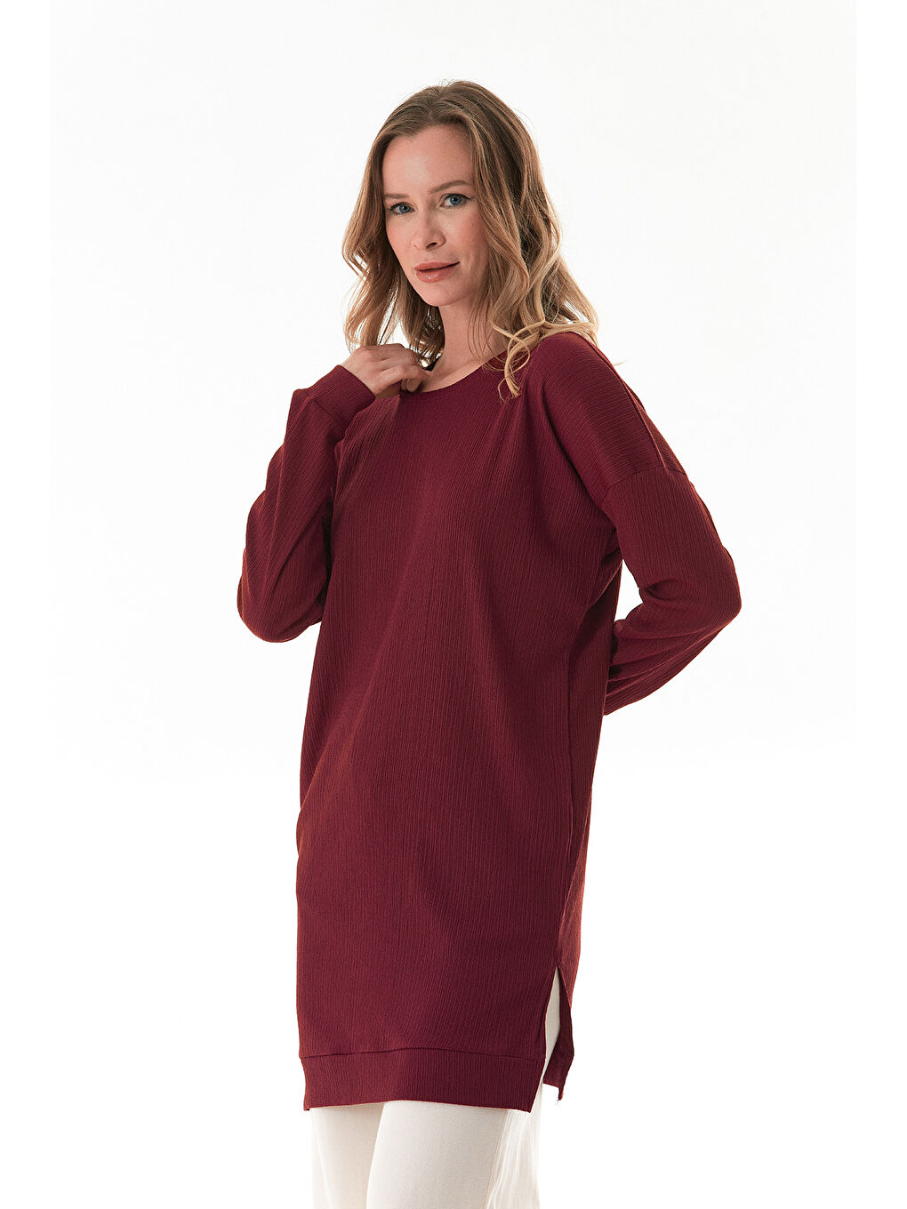 Bordo Bürümcük Kumaş Yanları Yırtmaçlı Bisiklet Yaka Tunik