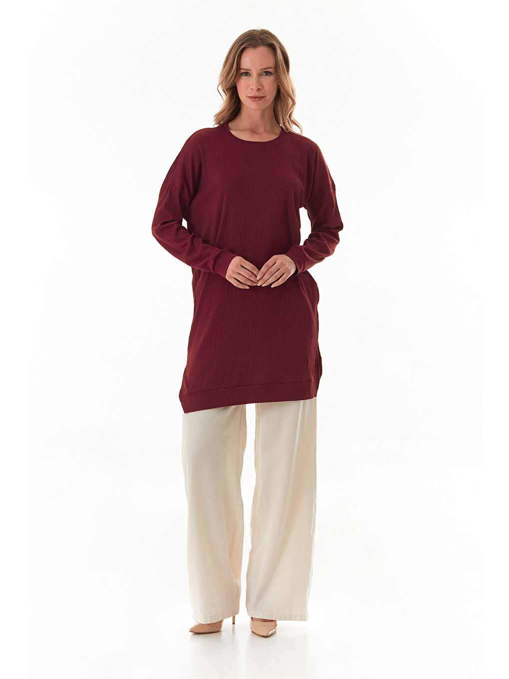 Bordo Bürümcük Kumaş Yanları Yırtmaçlı Bisiklet Yaka Tunik-1