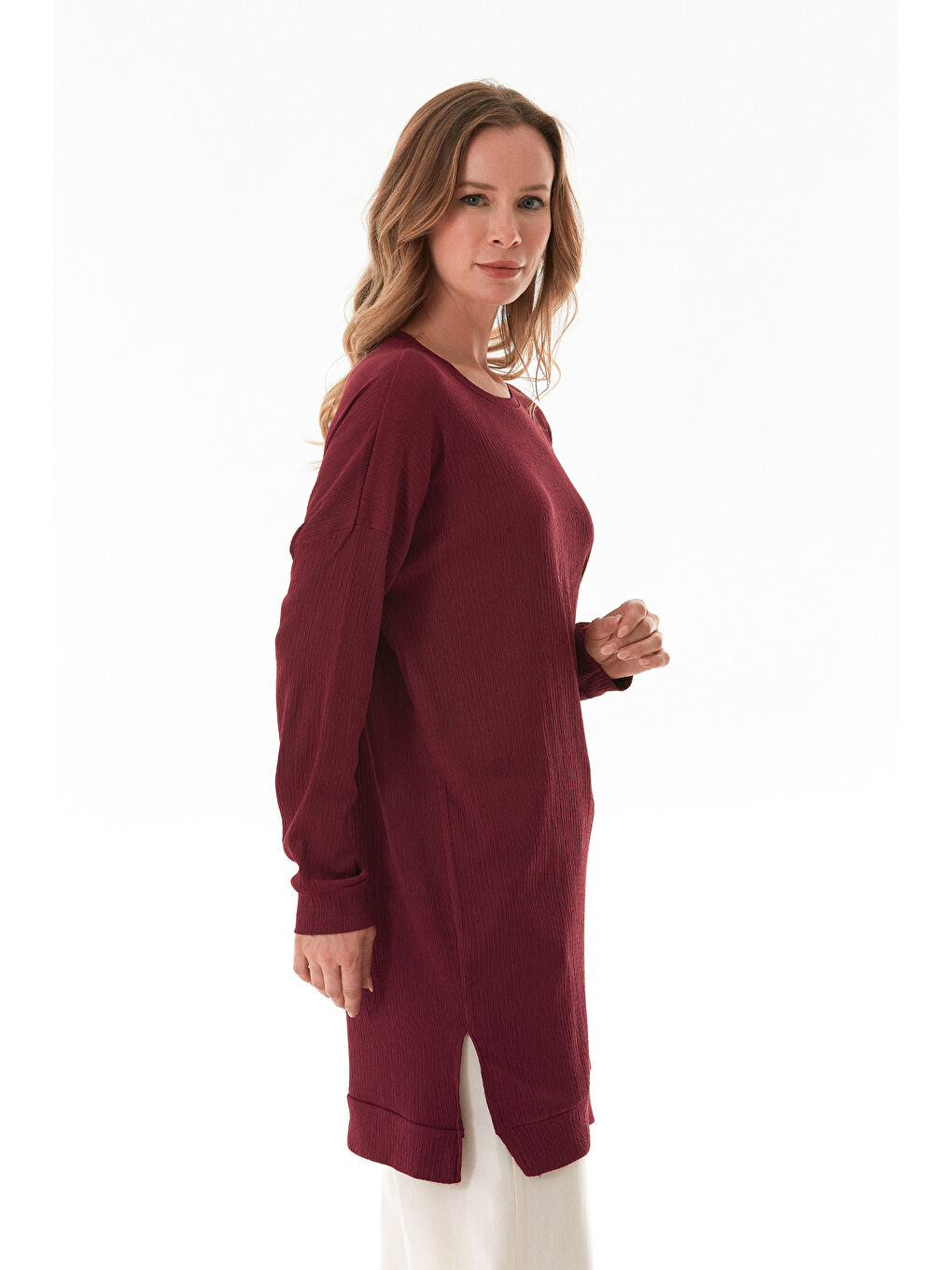Bordo Bürümcük Kumaş Yanları Yırtmaçlı Bisiklet Yaka Tunik-3
