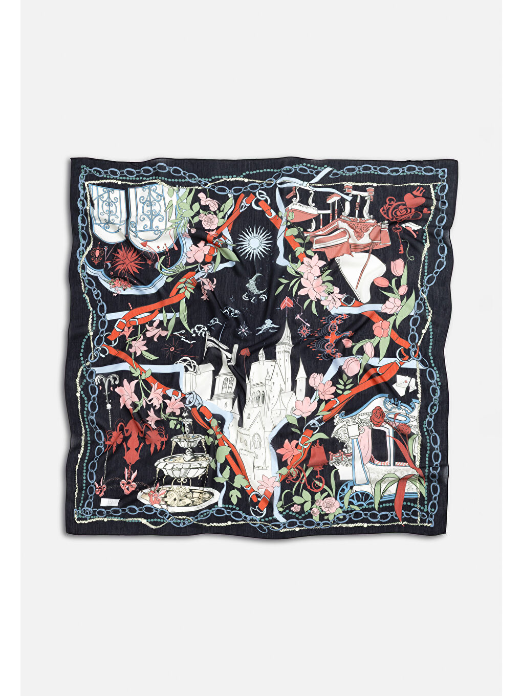 Siyah Black Faırytale Castle Desen Floş Viskon Eşarp-5