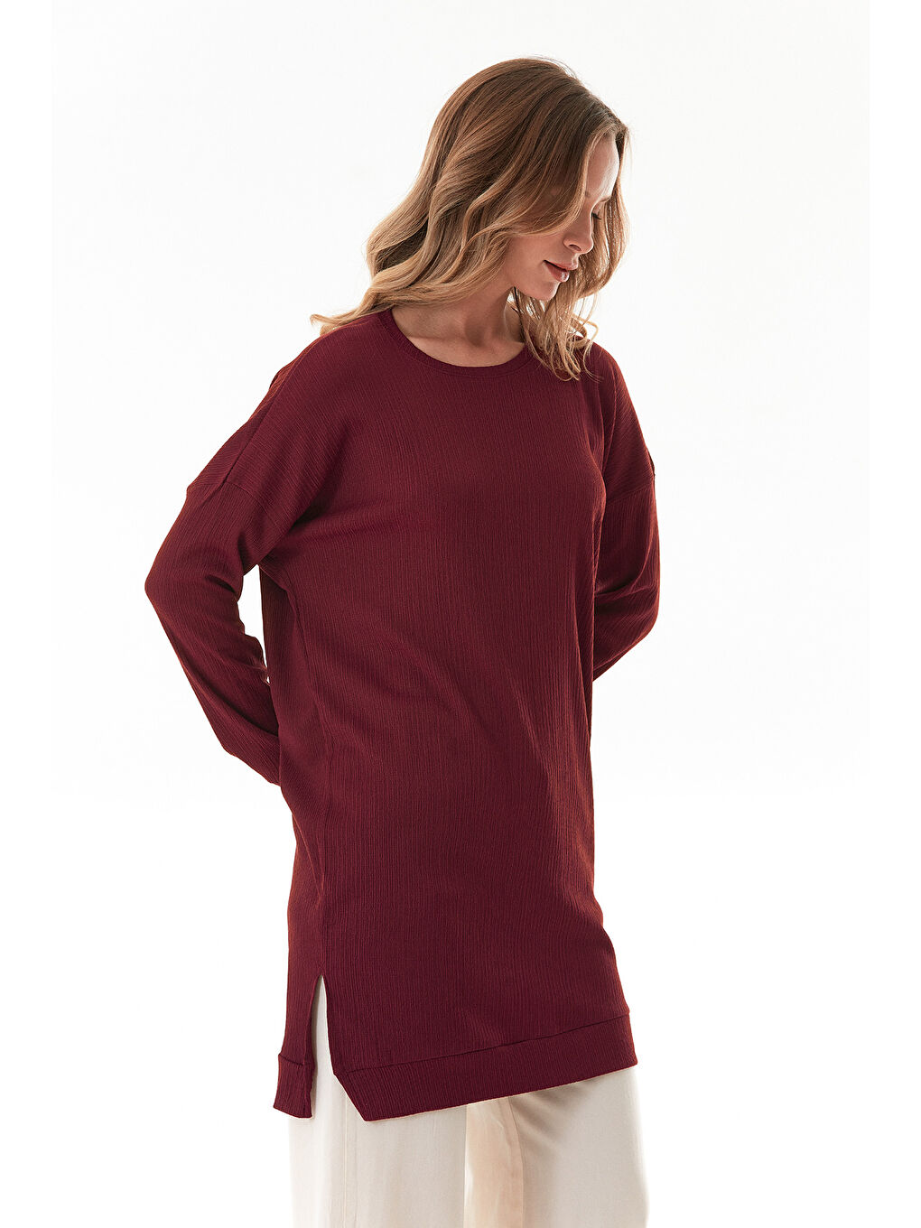 Bordo Bürümcük Kumaş Yanları Yırtmaçlı Bisiklet Yaka Tunik-4
