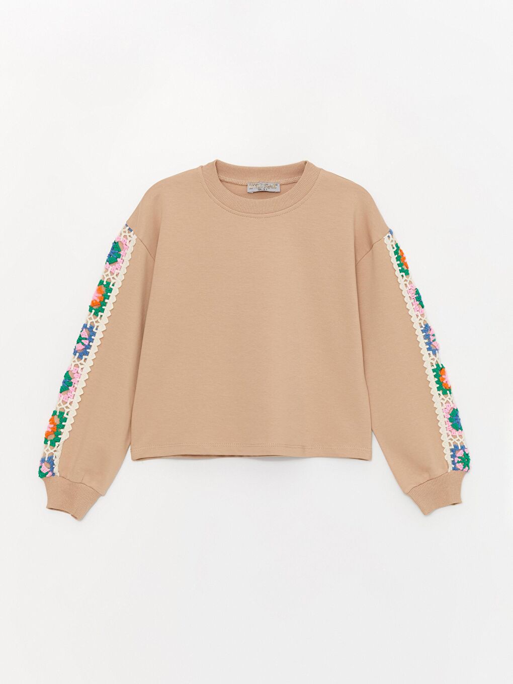 Bej Kız Çocuk Kolu Çiçek Detaylı Örme SweatShirt