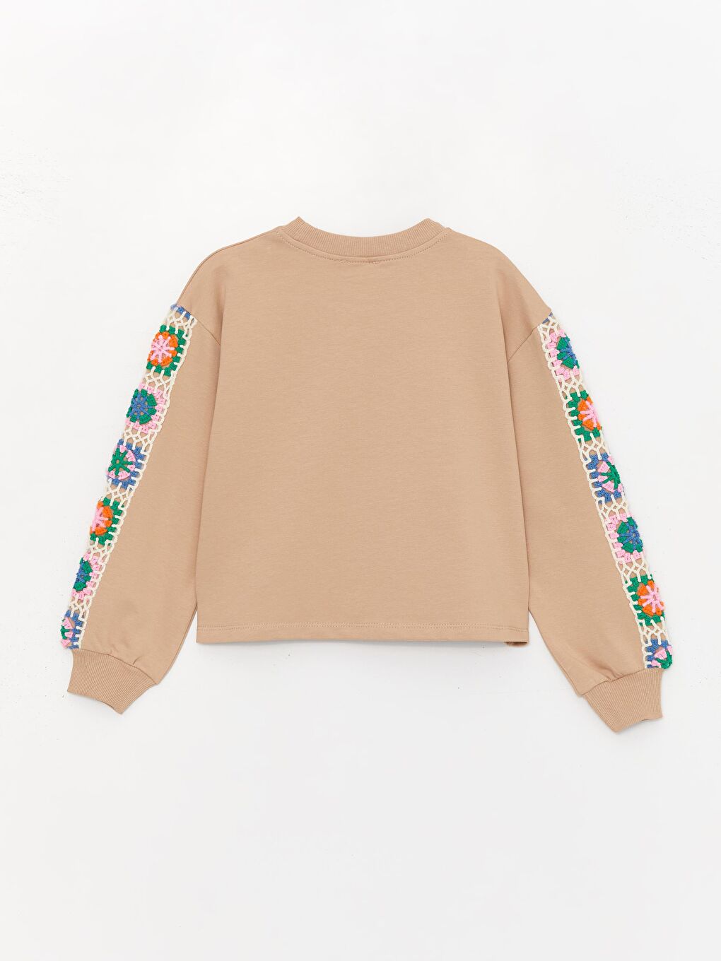 Bej Kız Çocuk Kolu Çiçek Detaylı Örme SweatShirt-1