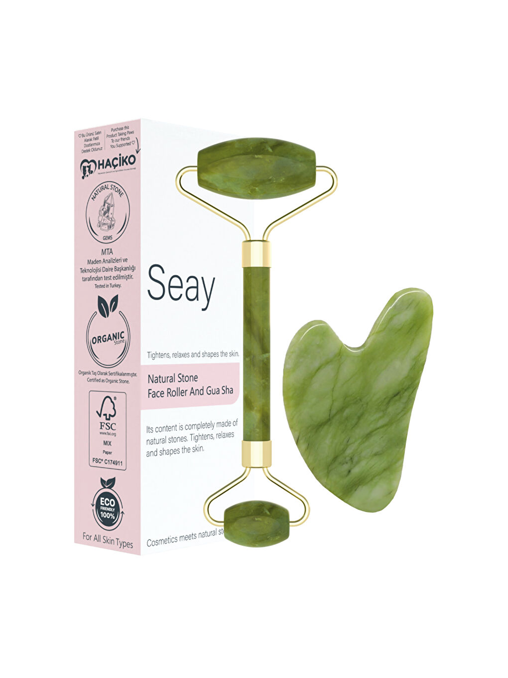 Seay Yeşim Face Roller Ve Kalp Gua Sha Yüz Masaj Aleti Seti Premium Değerli Doğal Taş Sertifikalı
