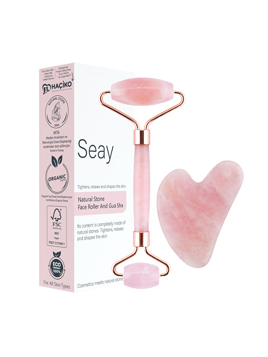 Seay Pembe Kuvars Face Roller Ve Kalp Gua Sha Yüz Masaj Aleti Seti Değerli Doğaltaş Sertifikalı