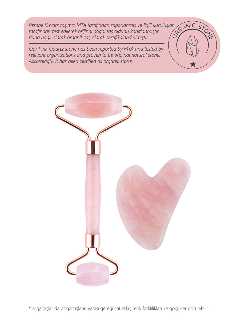 Seay Pembe Kuvars Face Roller Ve Kalp Gua Sha Yüz Masaj Aleti Seti Değerli Doğaltaş Sertifikalı - 2