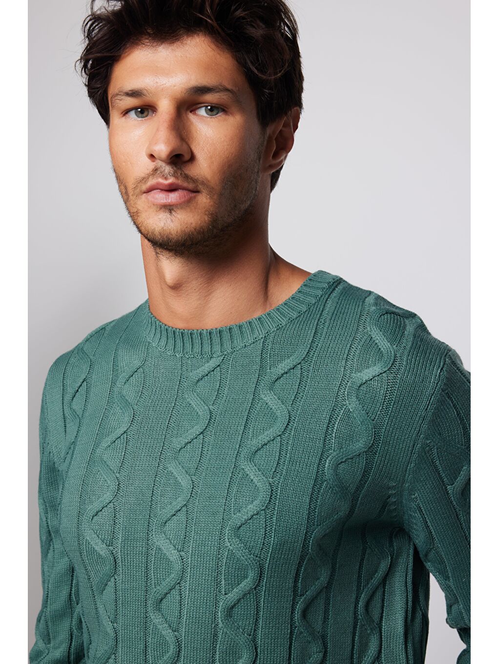 Erkek Slim Fit Bisiklet Yaka Kendinden Desenli Yeşil Kazak