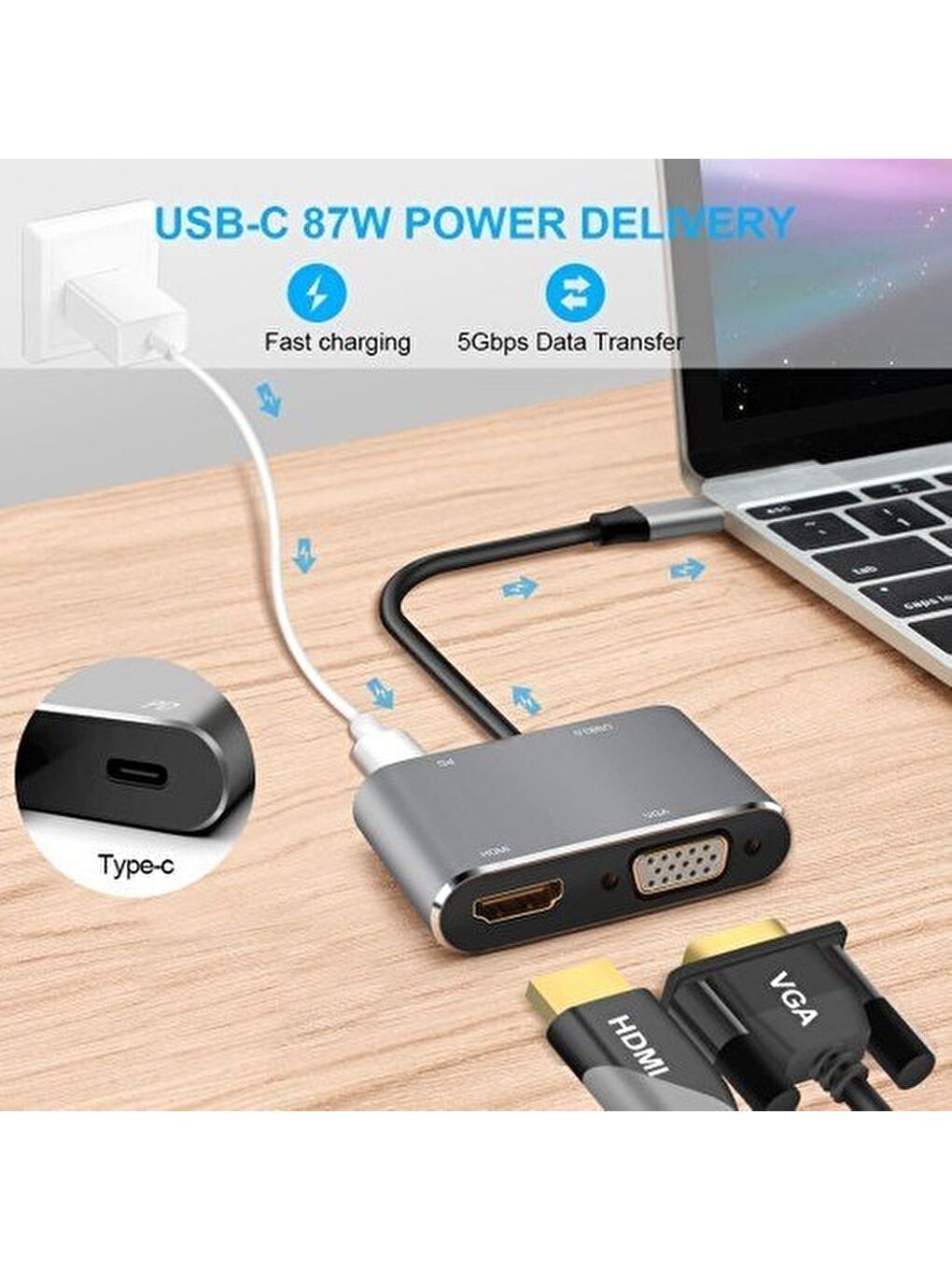 CF02 Macbook Uyumlu Type-C™ To 4K Ultra Hd 1080p Hdmı/ Vga/ Pd Şarj/ USB 3.0 4IN1 Çevirici-4