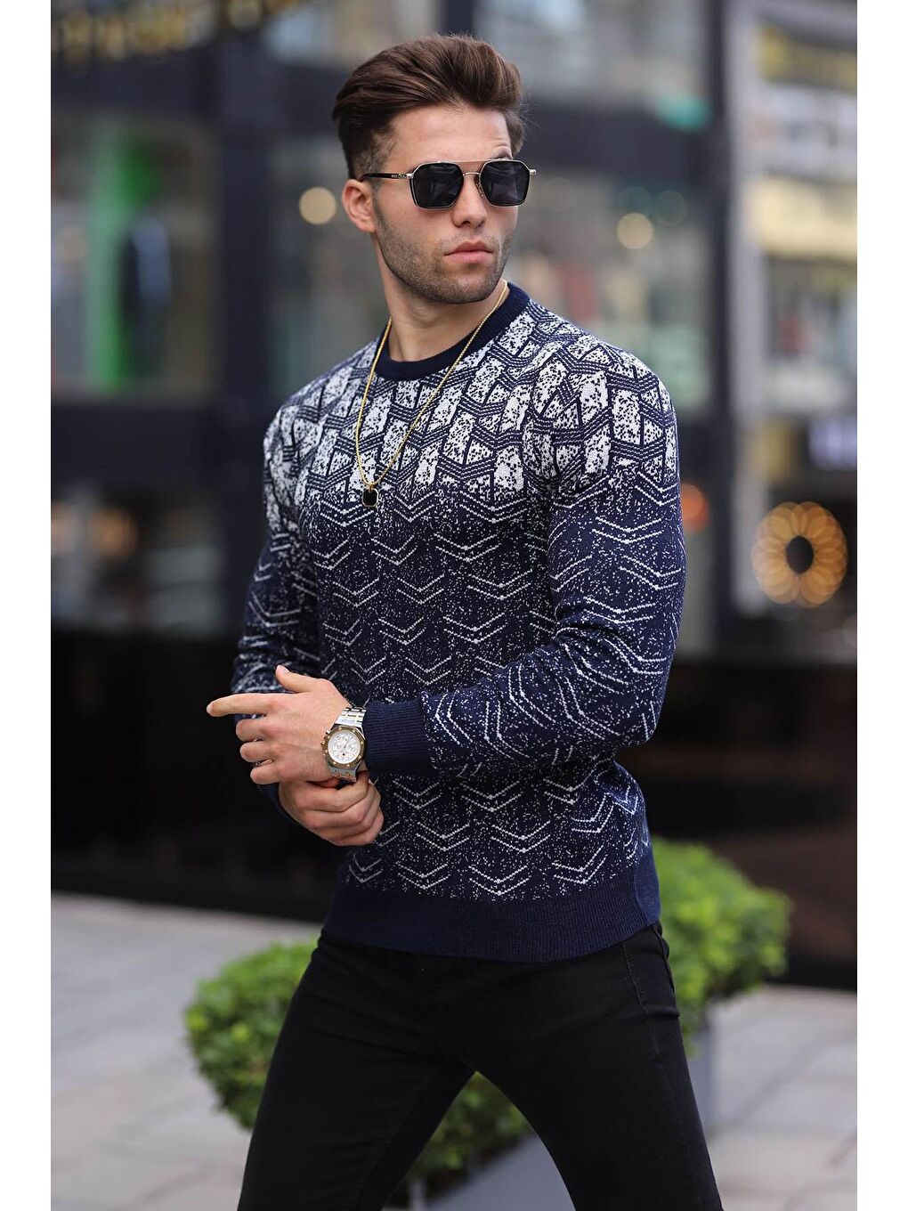 Lacivert Desenli Bisiklet Yaka Triko Kazak 5971-1