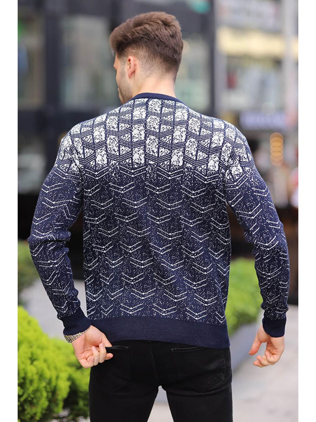 Lacivert Desenli Bisiklet Yaka Triko Kazak 5971-2