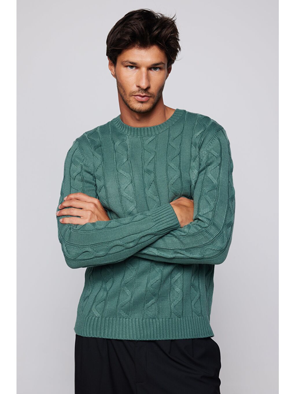 Erkek Slim Fit Bisiklet Yaka Kendinden Desenli Yeşil Kazak-1