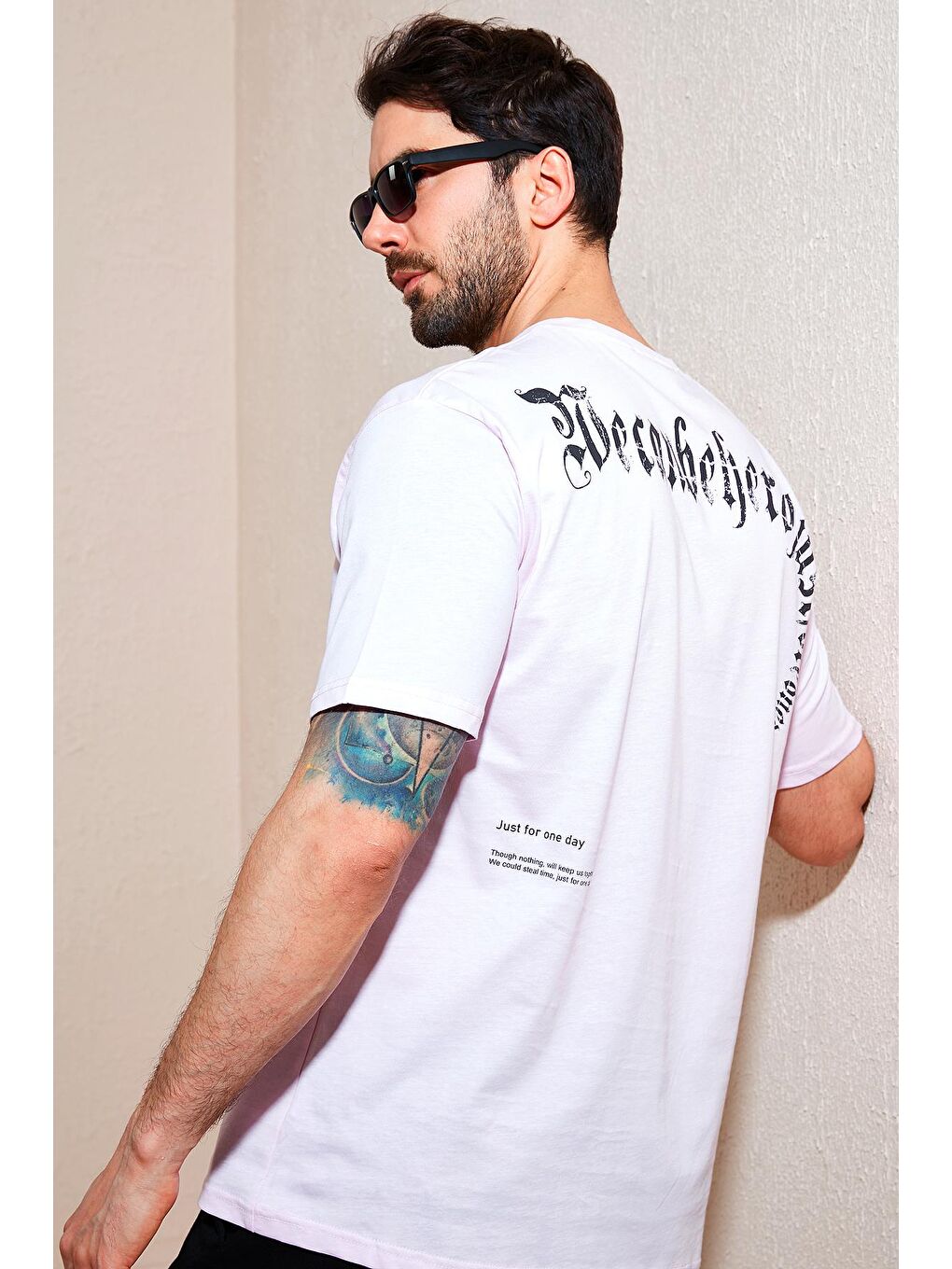 Pembe Oversize Yazı Baskılı Bisiklet Yaka %100 Pamuk Tişört 5721022-1