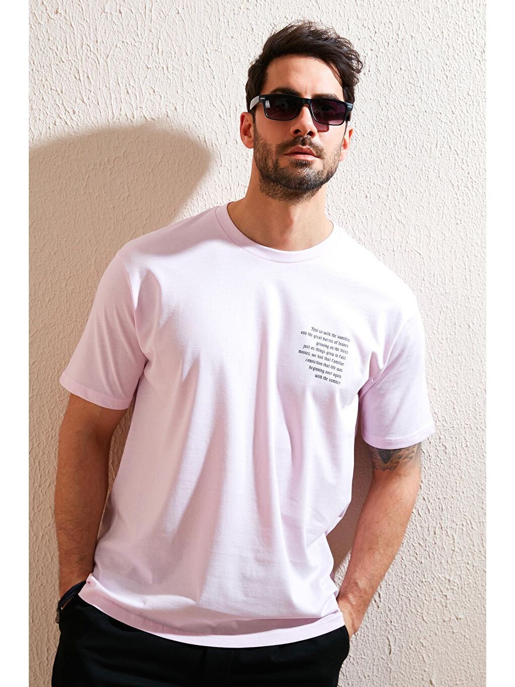 Pembe Oversize Yazı Baskılı Bisiklet Yaka %100 Pamuk Tişört 5721022-2