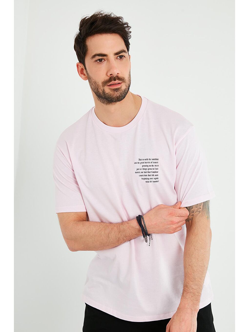 Pembe Oversize Yazı Baskılı Bisiklet Yaka %100 Pamuk Tişört 5721022-3