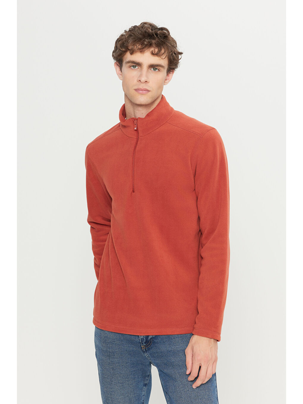 Kahverengi Erkek Açık Kahve Anti-Pilling Tüylenme Yapmayan Standart Fit Dik Yaka Polar Sweatshirt