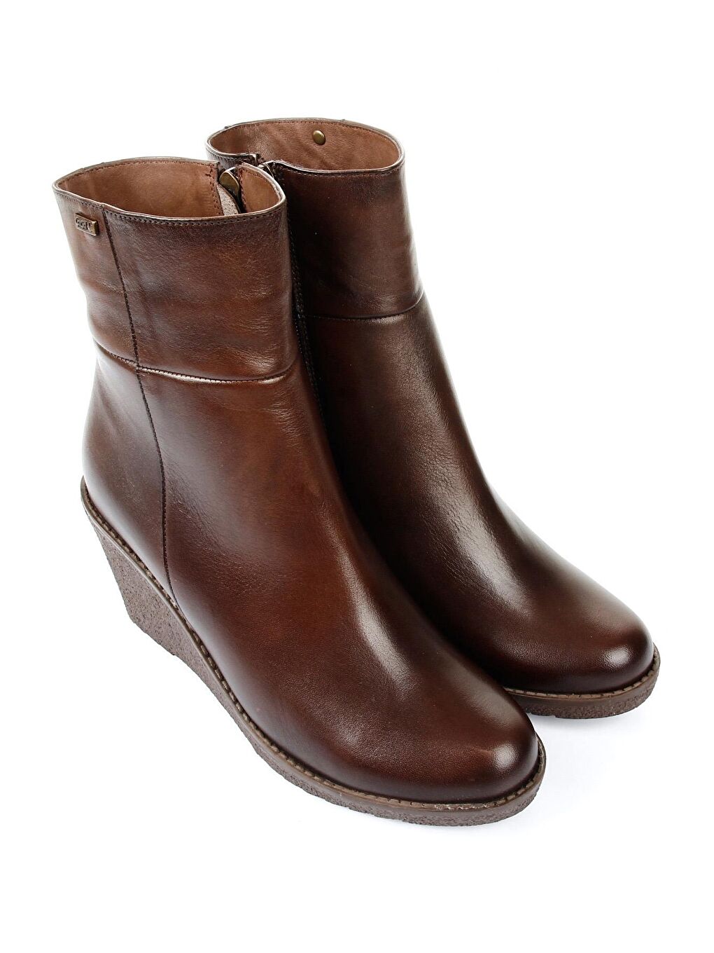 Kahverengi Hakiki Deri Yuvarlak Burun Kauçuk Dolgu Taban Topuklu Fermuarlı Kadın Günlük Bot 46416-1