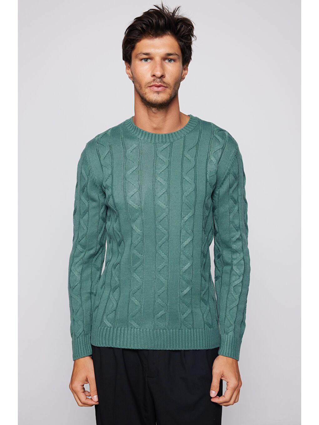 Erkek Slim Fit Bisiklet Yaka Kendinden Desenli Yeşil Kazak-2