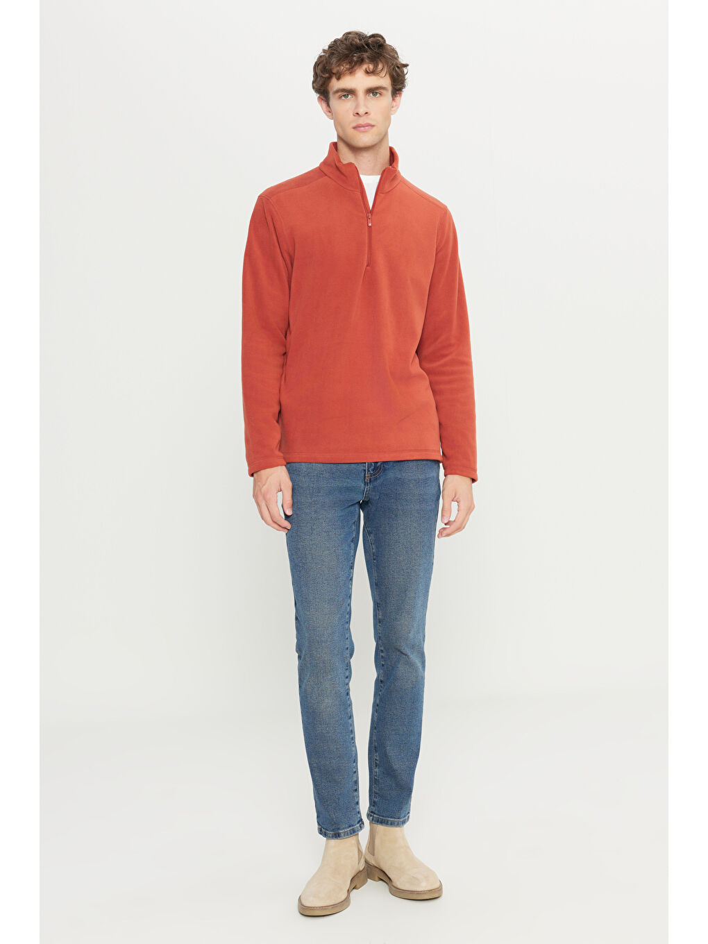 Kahverengi Erkek Açık Kahve Anti-Pilling Tüylenme Yapmayan Standart Fit Dik Yaka Polar Sweatshirt-1