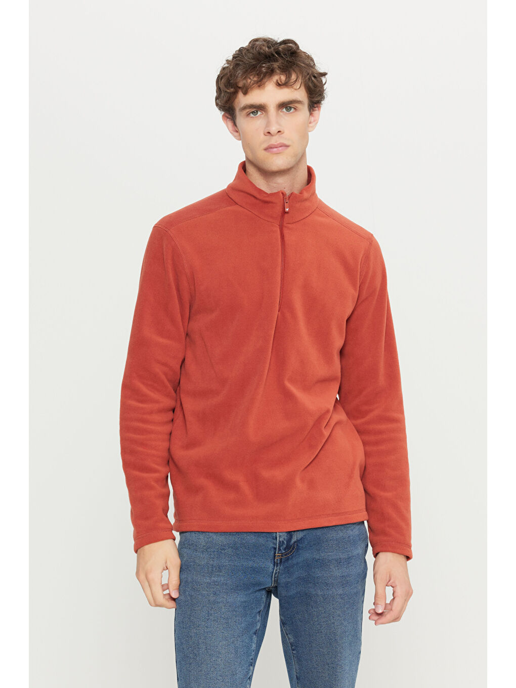 Kahverengi Erkek Açık Kahve Anti-Pilling Tüylenme Yapmayan Standart Fit Dik Yaka Polar Sweatshirt-2