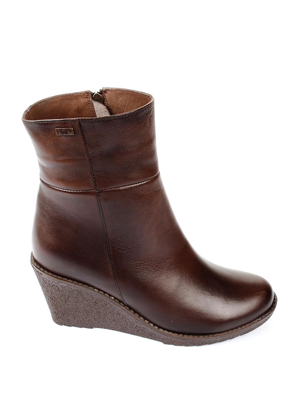 Kahverengi Hakiki Deri Yuvarlak Burun Kauçuk Dolgu Taban Topuklu Fermuarlı Kadın Günlük Bot 46416-3