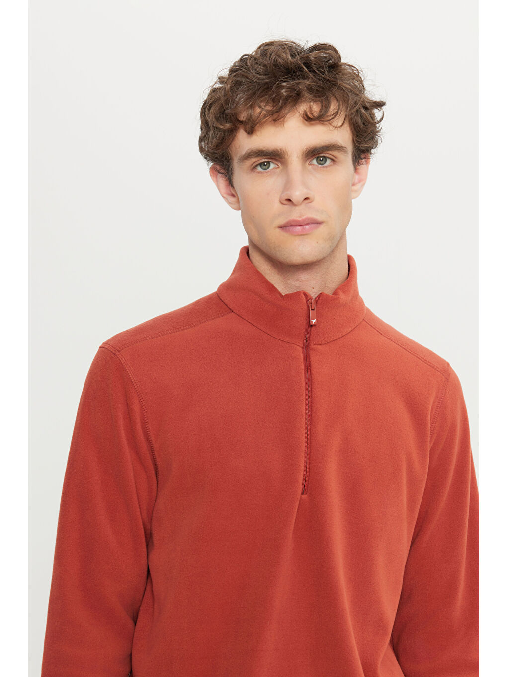 Kahverengi Erkek Açık Kahve Anti-Pilling Tüylenme Yapmayan Standart Fit Dik Yaka Polar Sweatshirt-3