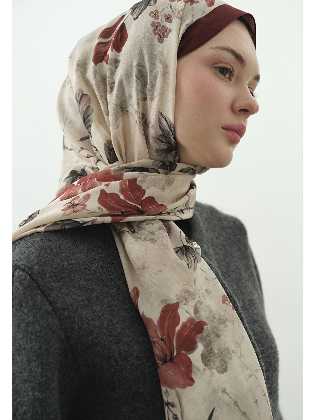 Kırmızı Fall Breeze Desenli Pamuk Viskon Şal-3