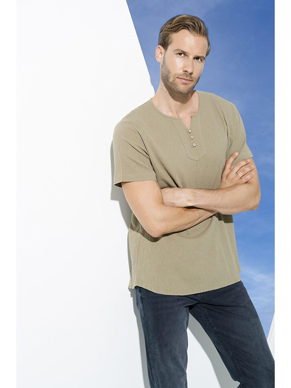 Organik 3 Düğme Kısakol Haki %100 Pamuk Gömlek