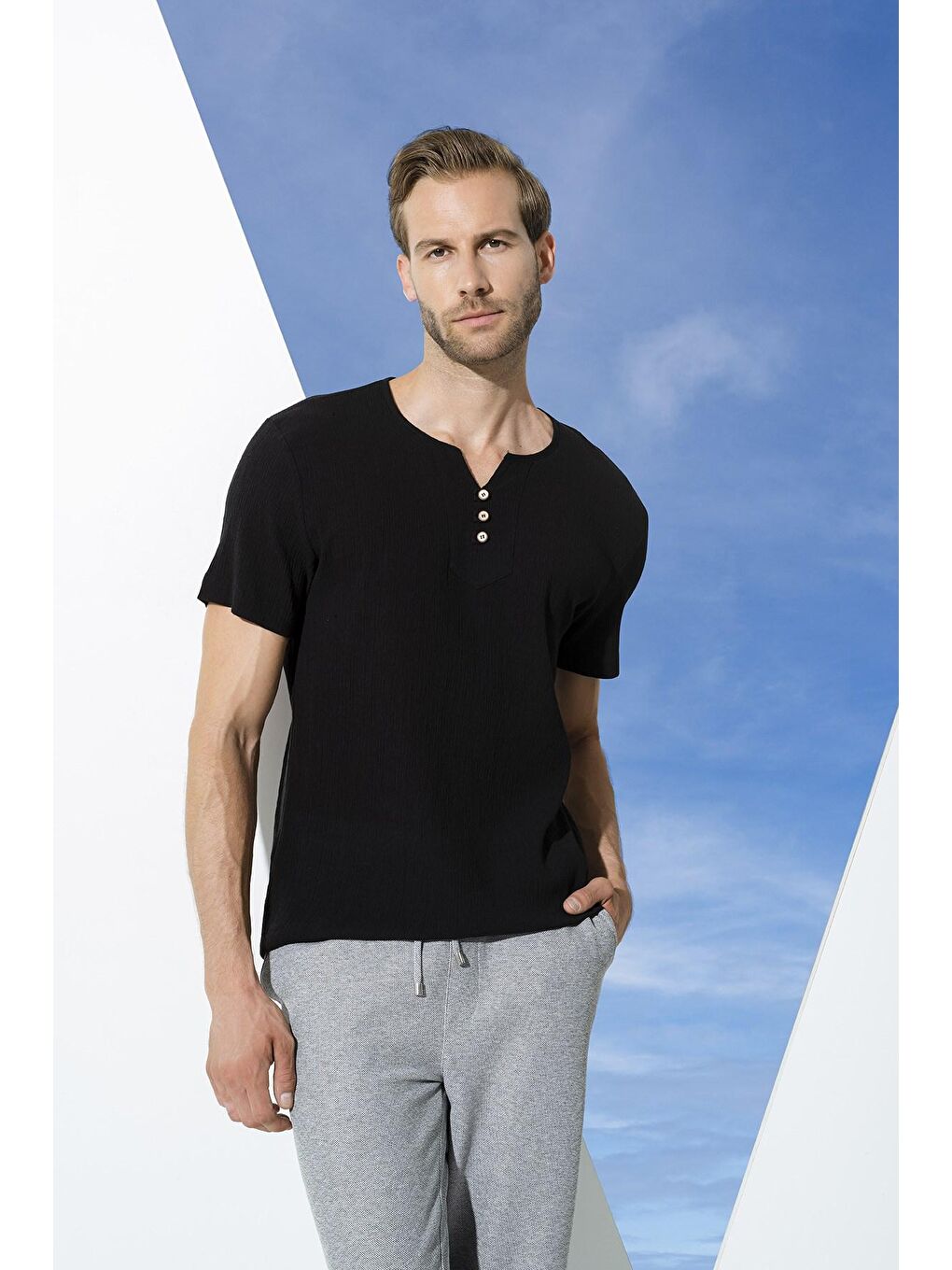 Organik 3 Düğme Kısakol Siyah %100 Pamuk Gömlek-1