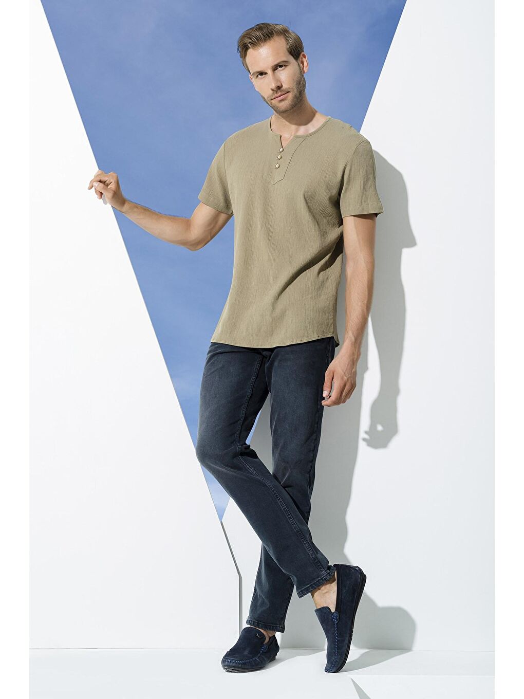 Organik 3 Düğme Kısakol Haki %100 Pamuk Gömlek-1