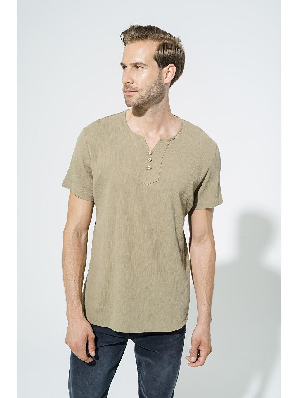 Organik 3 Düğme Kısakol Haki %100 Pamuk Gömlek-2