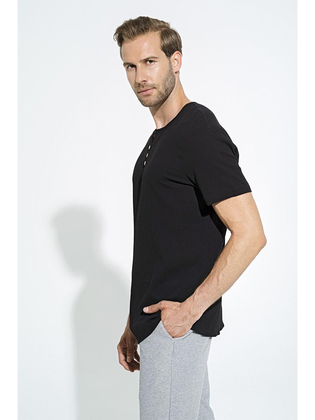 Organik 3 Düğme Kısakol Siyah %100 Pamuk Gömlek-3