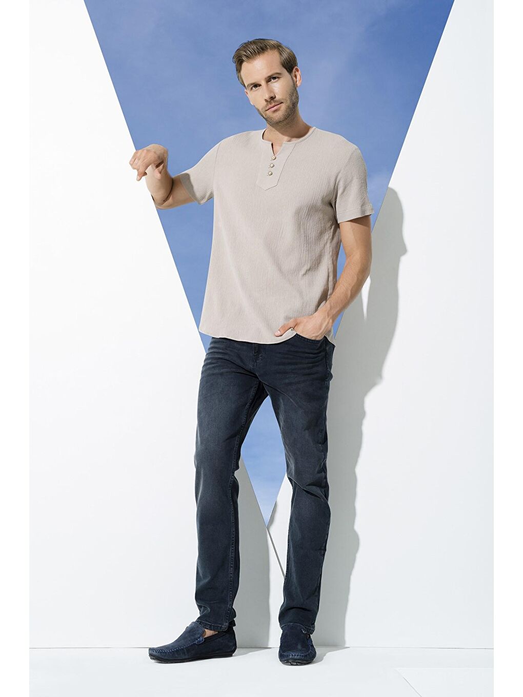 Bej Organik 3 Düğme Kısakol Taş %100 Pamuk Gömlek-2