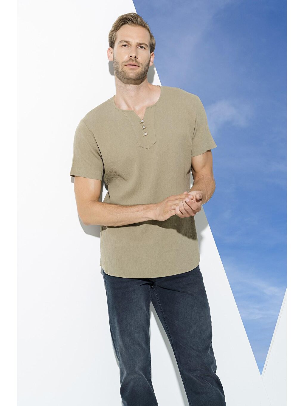 Organik 3 Düğme Kısakol Haki %100 Pamuk Gömlek-3