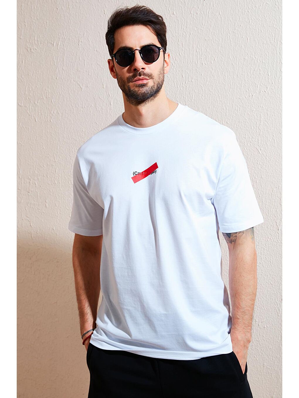 Beyaz Oversize Baskılı Bisiklet Yaka %100 Pamuk Tişört 5721019