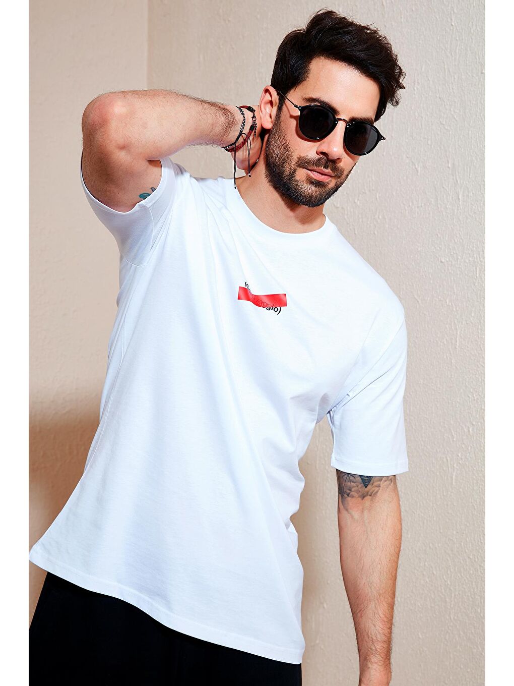 Beyaz Oversize Baskılı Bisiklet Yaka %100 Pamuk Tişört 5721019-1