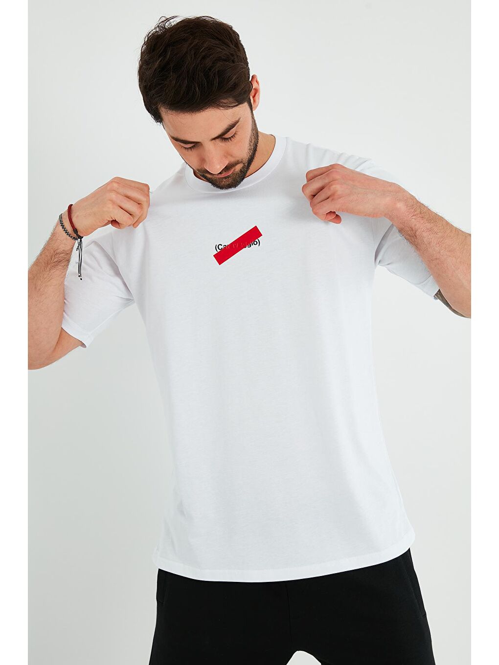 Beyaz Oversize Baskılı Bisiklet Yaka %100 Pamuk Tişört 5721019-2