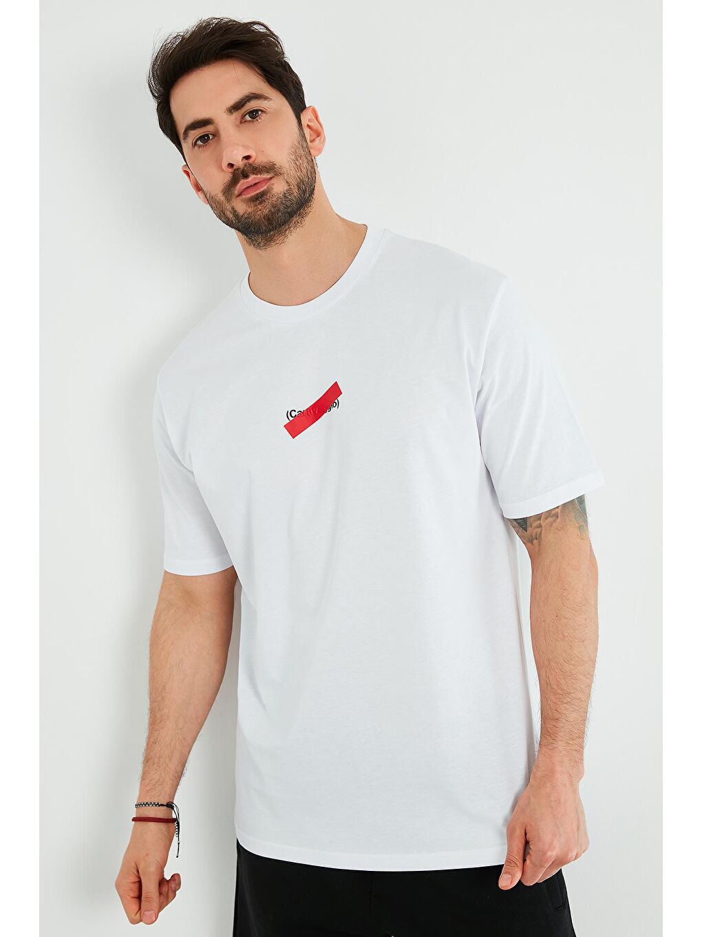 Beyaz Oversize Baskılı Bisiklet Yaka %100 Pamuk Tişört 5721019-3