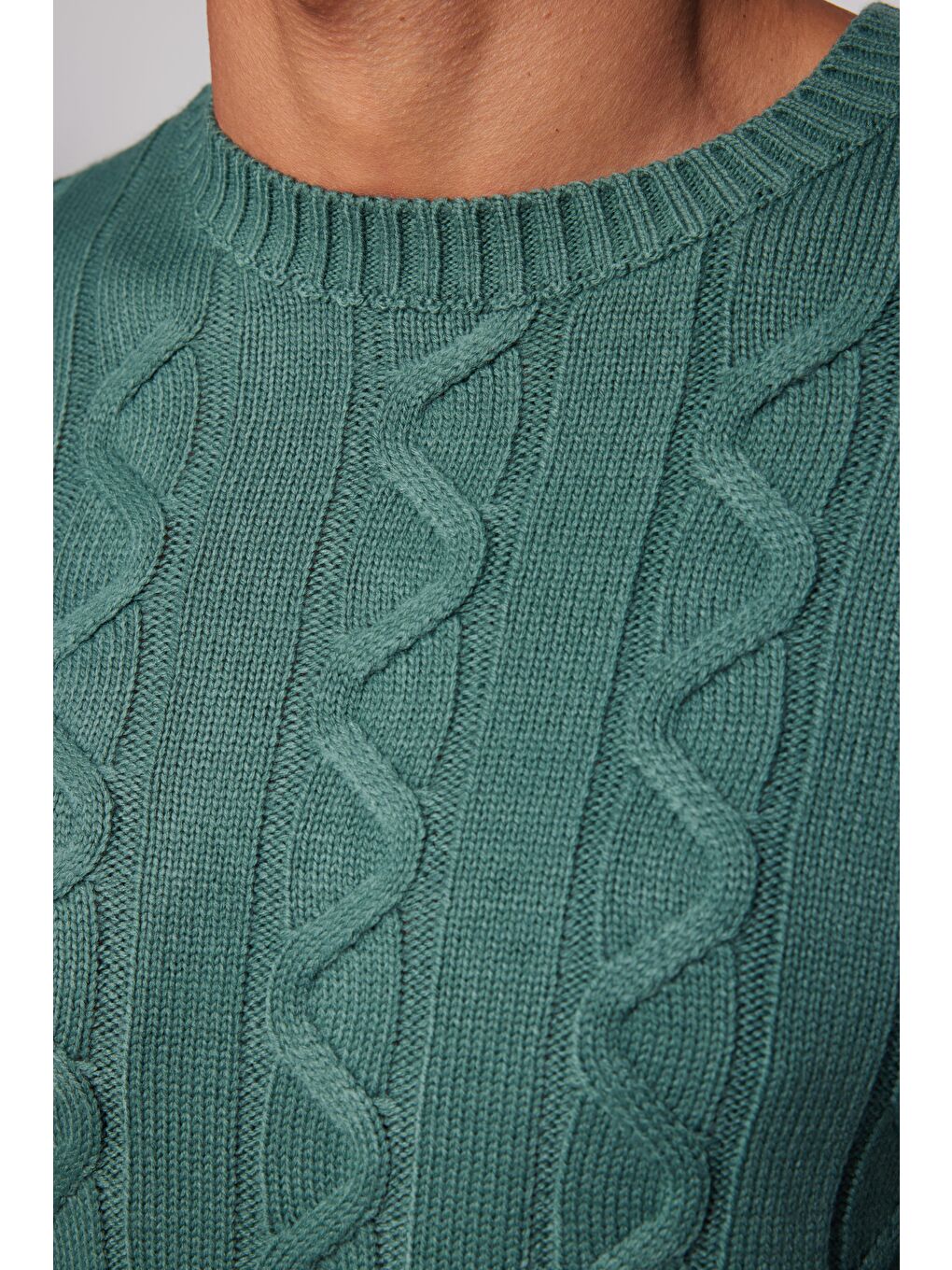 Erkek Slim Fit Bisiklet Yaka Kendinden Desenli Yeşil Kazak-3