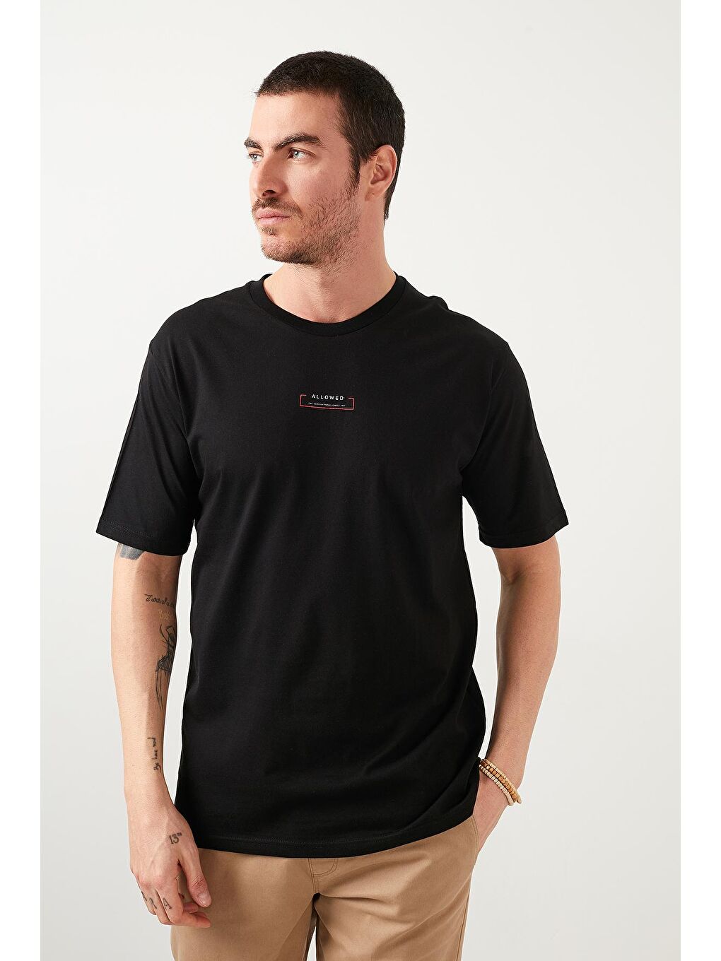Siyah Oversize Baskılı Bisiklet Yaka %100 Pamuk Tişört 5721016