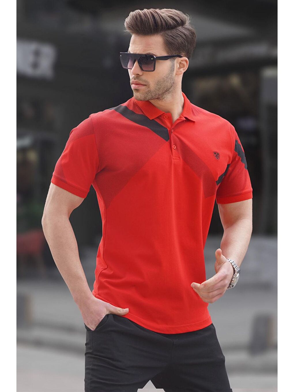 Kırmızı Desenli Polo Yaka Erkek Tişört 6081