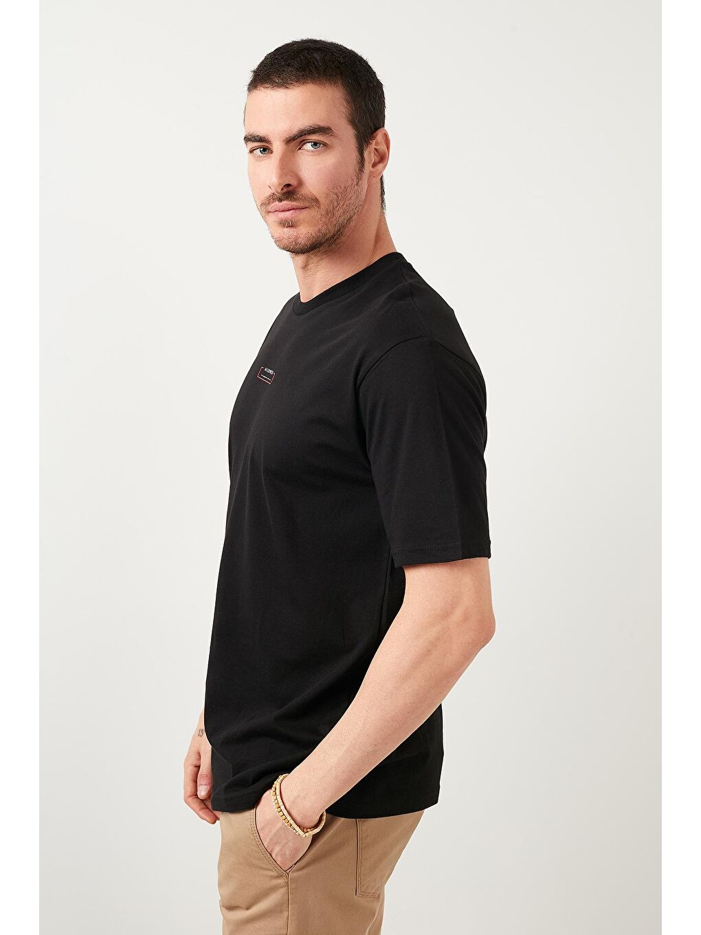 Siyah Oversize Baskılı Bisiklet Yaka %100 Pamuk Tişört 5721016-1