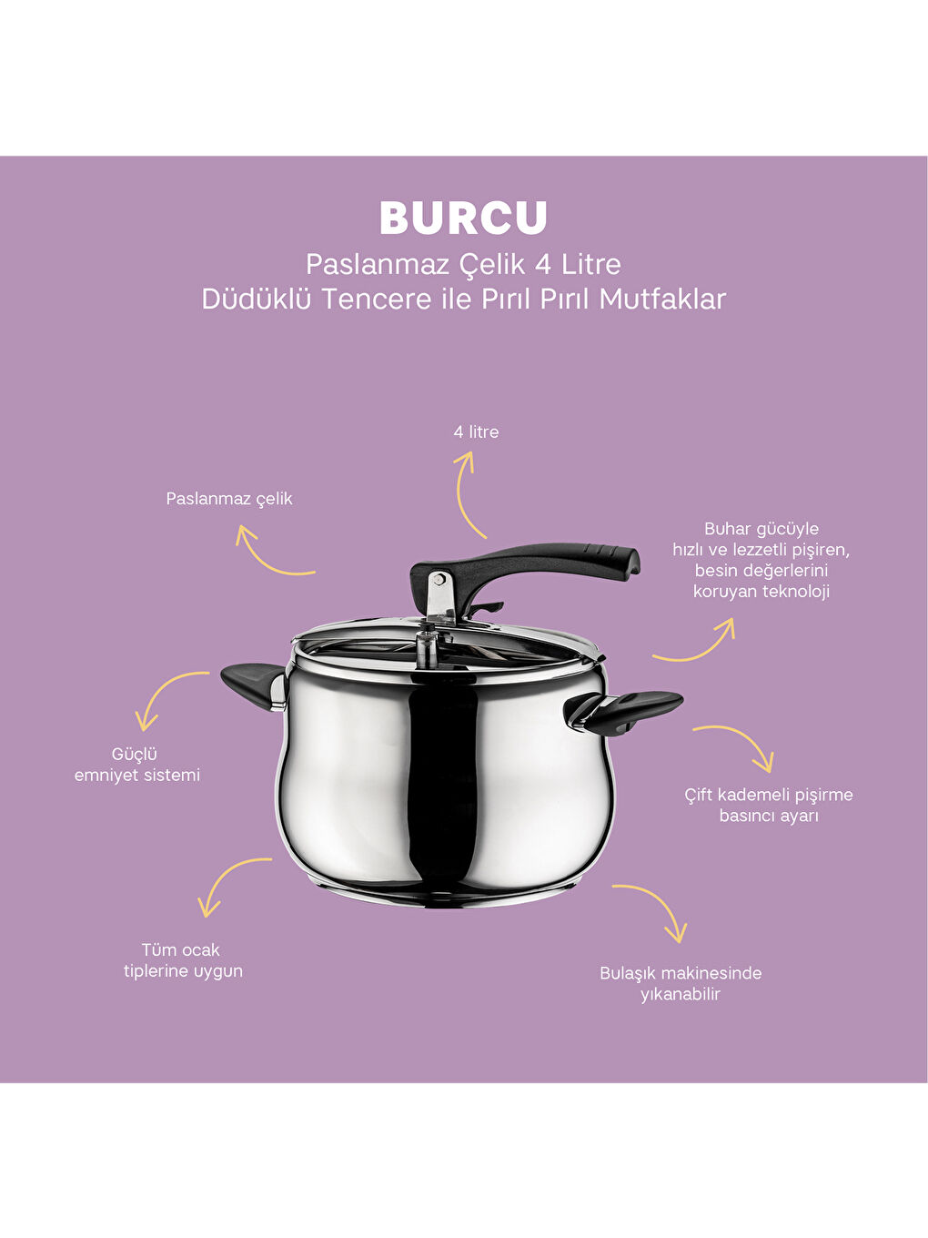 Siyah Burcu Paslanmaz Çelik Düdüklü Tencere 4 Lt-10