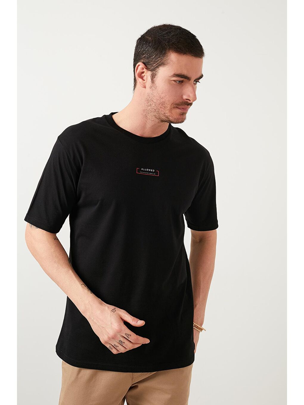 Siyah Oversize Baskılı Bisiklet Yaka %100 Pamuk Tişört 5721016-2