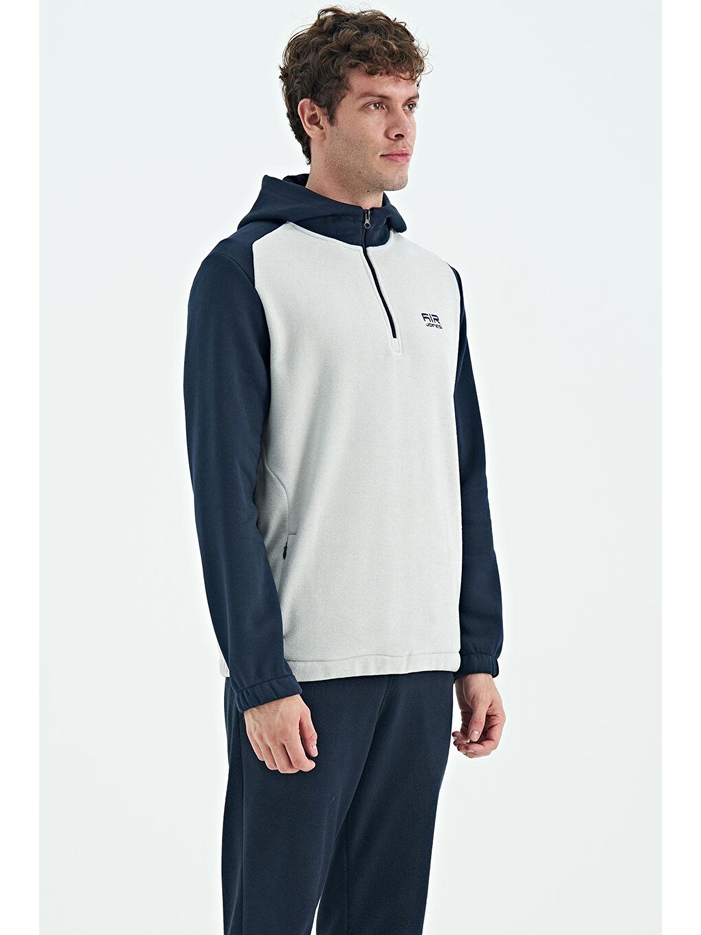 AIR JONES Bej Taş Yarım Fermuarlı Kapüşonlu Renk Bloklu Standart Kalıp Erkek Polar Sweatshirt - 88300 - 4