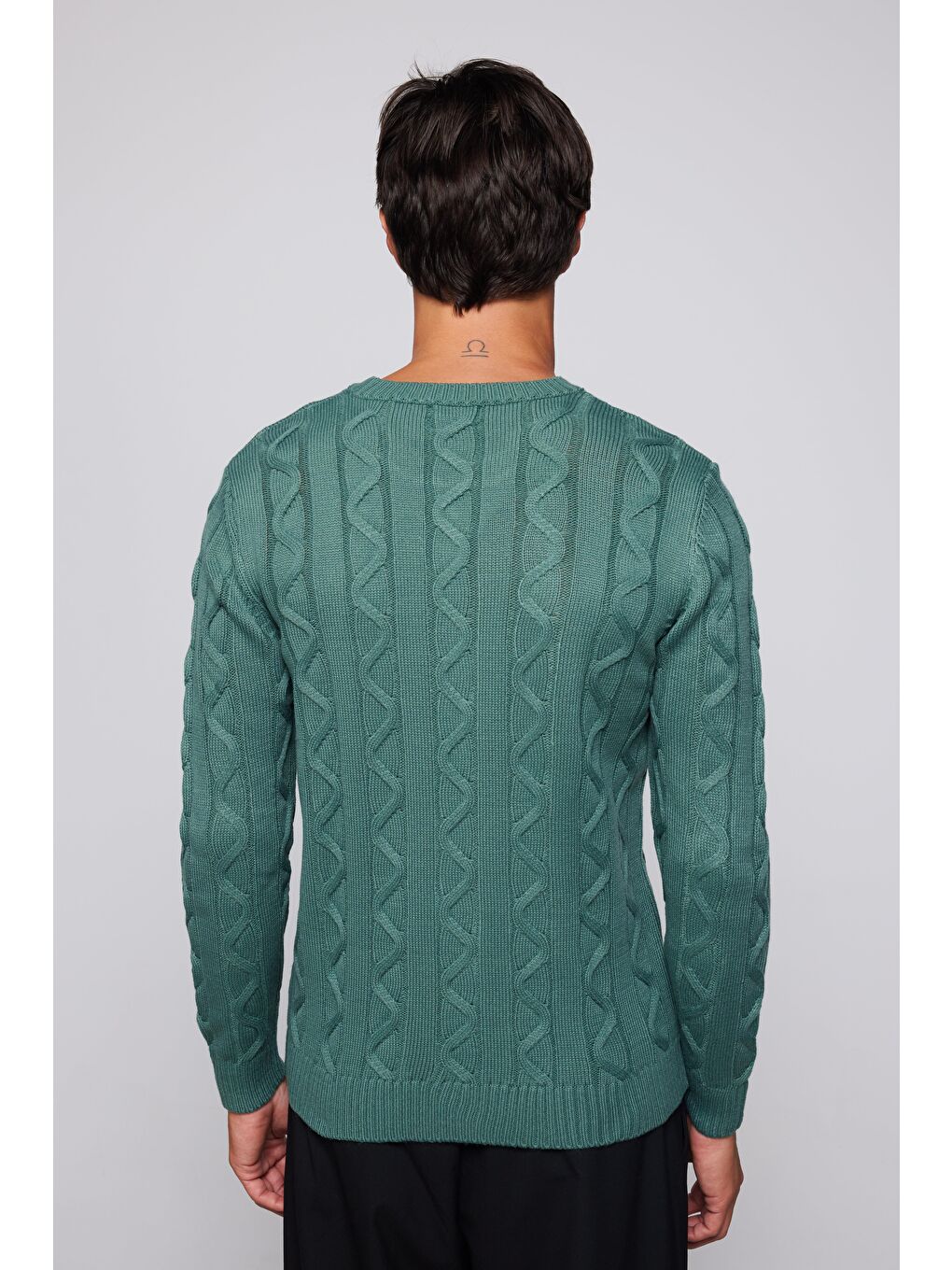 Erkek Slim Fit Bisiklet Yaka Kendinden Desenli Yeşil Kazak-4