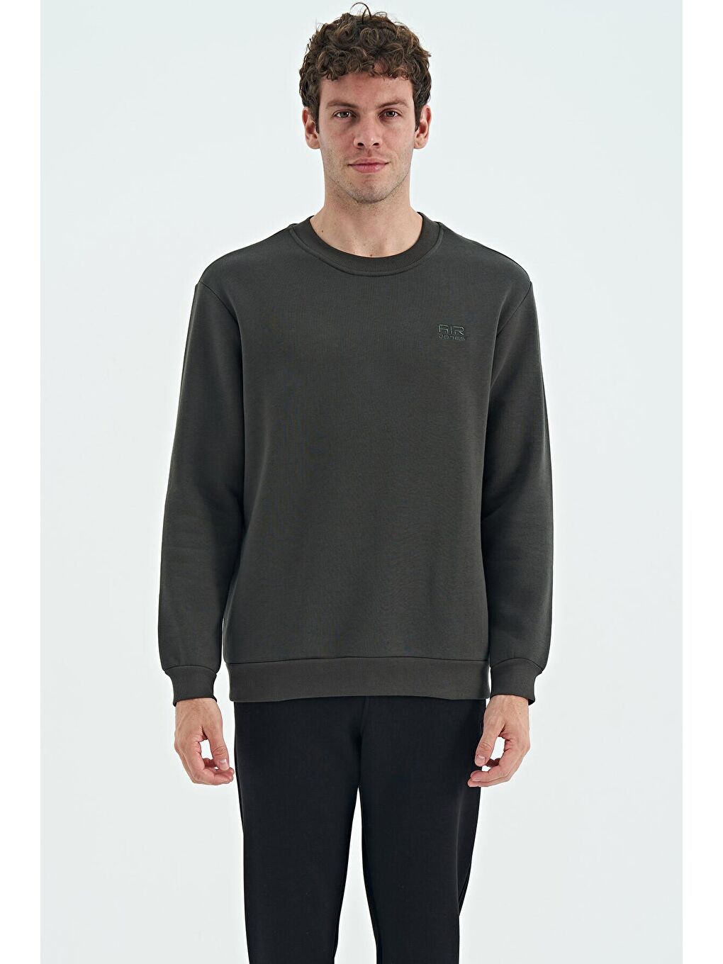 AIR JONES Haki Bisiklet Yaka Şardonlu Rahat Form Basic Erkek Sweatshirt - 88137