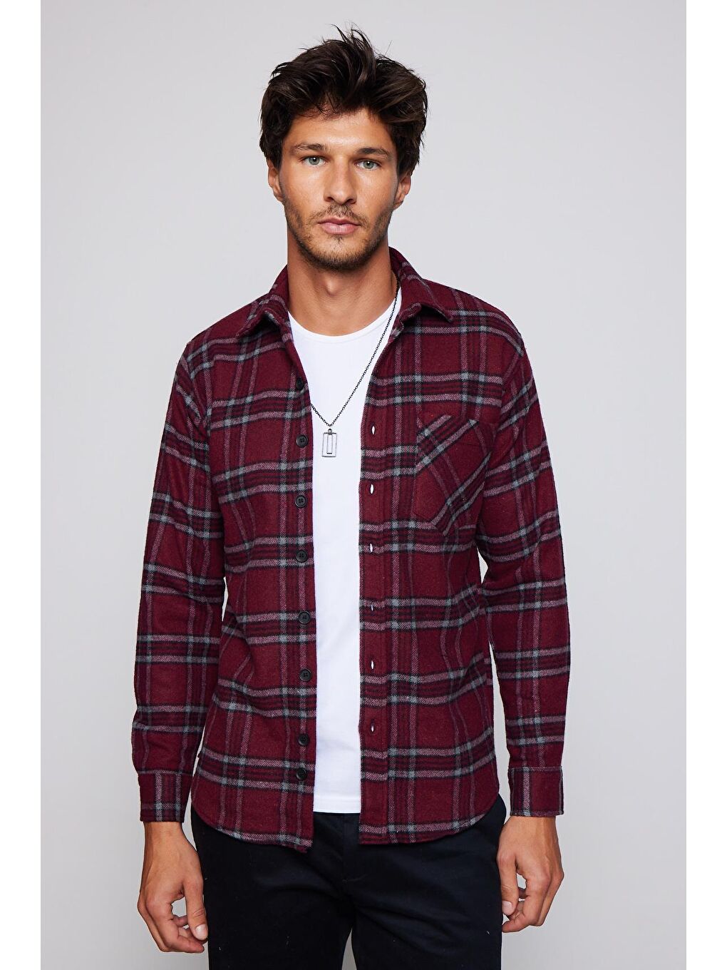 Karışık Erkek Regular Fit Klasik Kesim Tek Cepli Kareli Kışlık Oduncu Gömlek-1