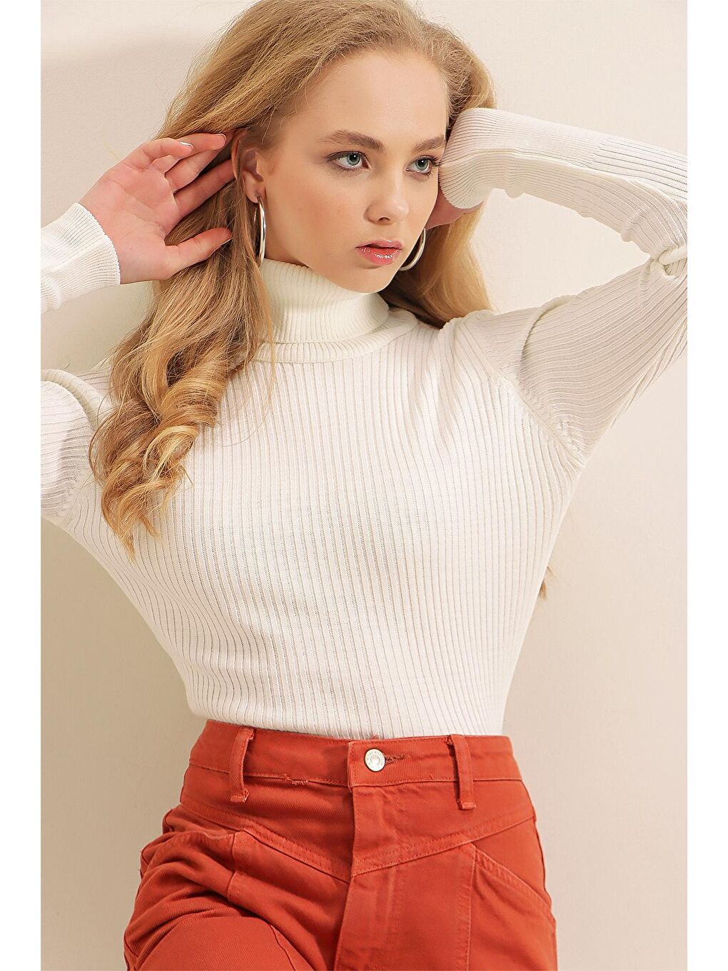 Ekru Kadın Balıkçı Yaka Triko Kazak-3