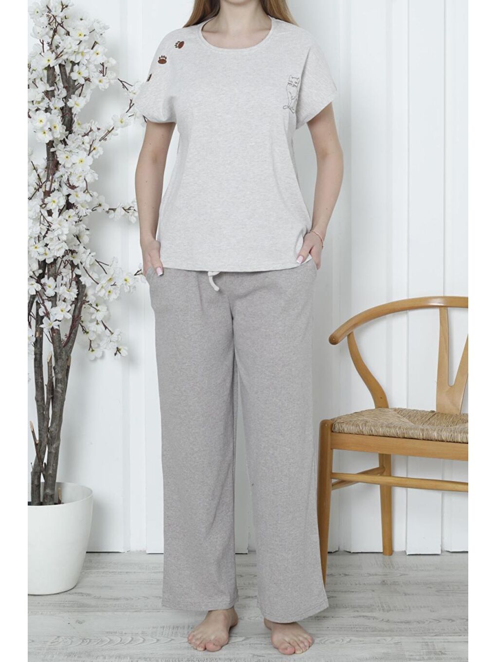 Bej Kadın Pijama Takımı Kısa Kollu Kaşkorse Salaş Cepli VİZON-1